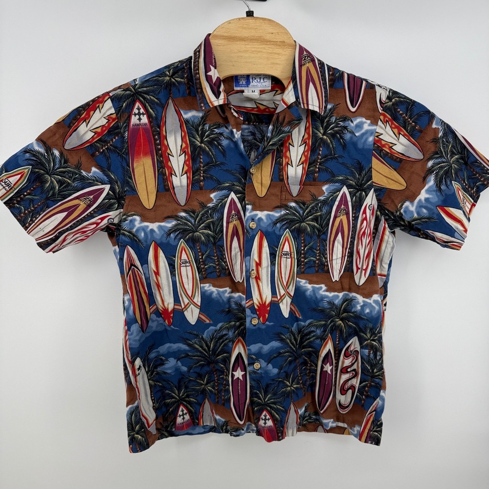 RJC Hawaii Mens Surfboard Tropical Aloha Button Up‎ Shirt Size Medium